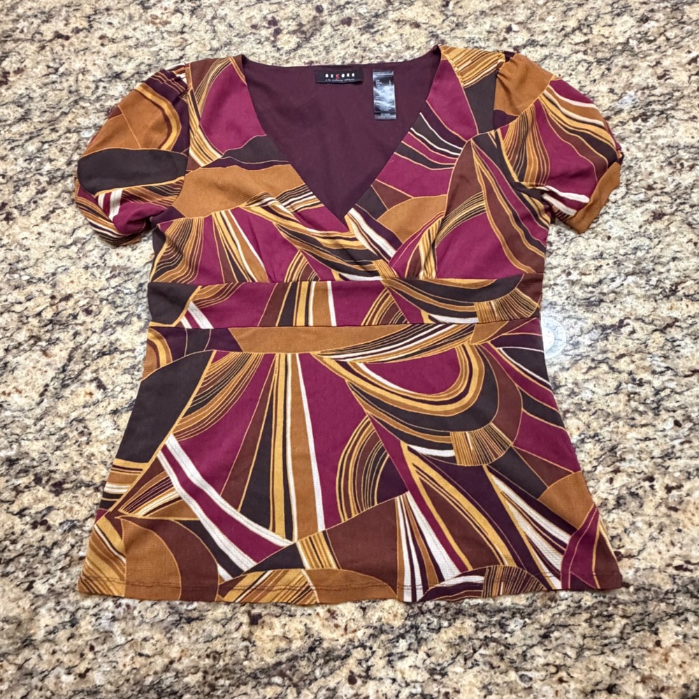 Axcess Liz Claiborne Geometric Abstract Print V-Neck Empire Waist Top Large v